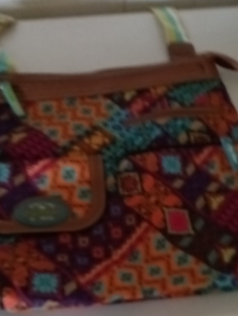 Multicolor Patterned Shoulder Bag with Brown Trim